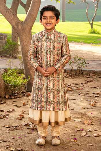 Soniya G Paisley Embellished Handloom Silk Sherwani Set For Kids