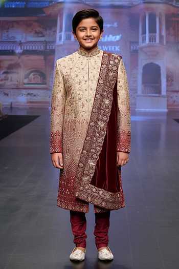 Soniya G Raw Silk Floral Embroidered Sherwani Set For Kids