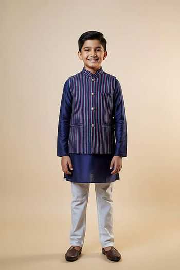 Spring Break Striped Bundi Jacket & Kurta Set For Kids