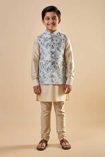 SPRING BREAK Floral Printed Bundi Jacket & Kurta Set For Kids