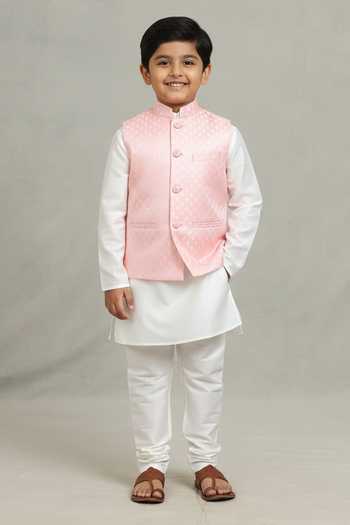 Spring Break Leaf Woven Kurta Set For Kids