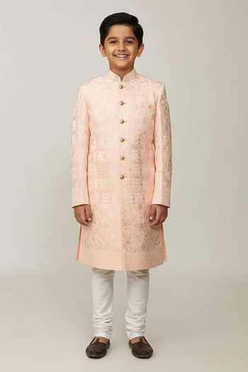 SPRING BREAK Lucknowi Embroidered Full Sleeve Sherwani Set For Kids
