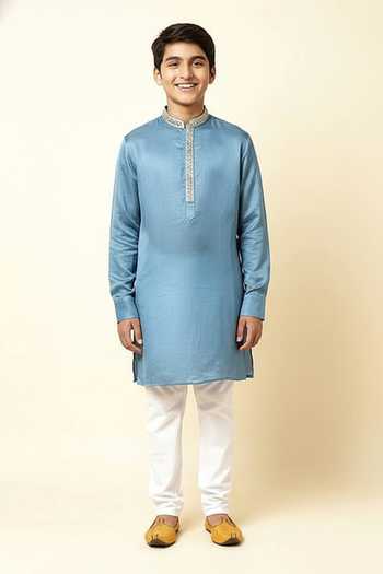 Spring Break Linen Satin Embroidered Kurta For Kids