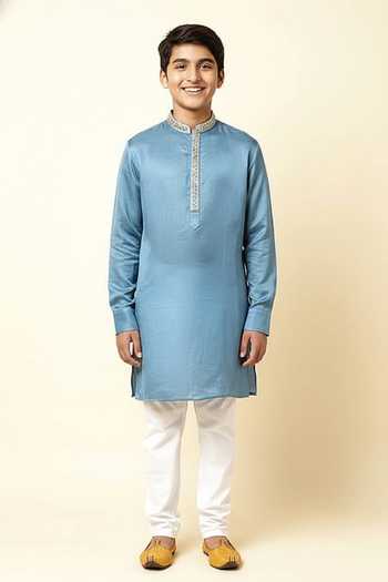 Spring Break Linen Satin Embroidered Kurta For Kids