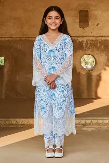 Sage Saga Floral Print Chantilly Lace Embroidered Kurta For Kids
