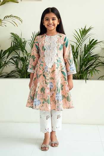 Sage Saga Amaryllis Floral Print Anarkali For Kids