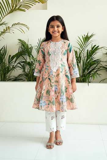 Sage Saga Amaryllis Floral Print Anarkali For Kids