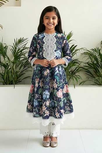 Sage Saga Iris Floral Bouquet Print Anarkali For Kids