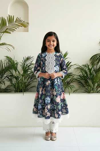 Sage Saga Iris Floral Bouquet Print Anarkali For Kids