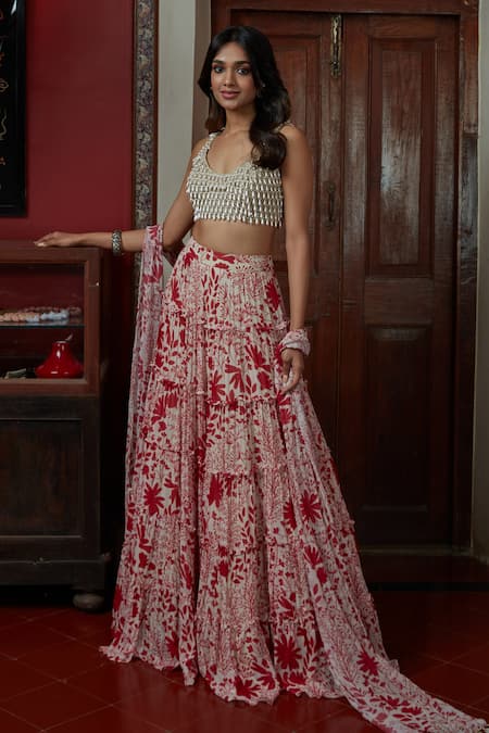 Buy Beige Silk V Neck Embroidered Lehenga Set For Women by Kaaisha by  Shalini Online at Aza Fashions.