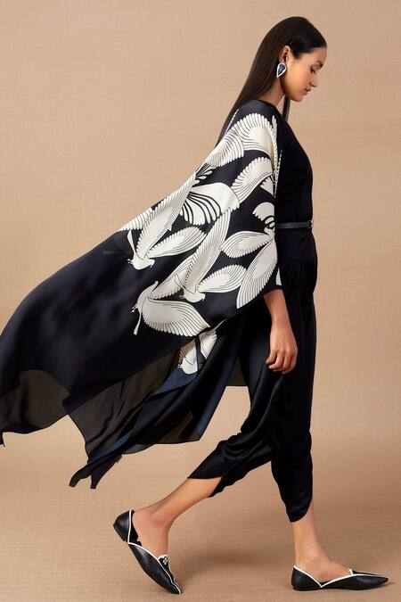 Ampm_Black Viscose, Cape Silk Organza Bird Print Cape Open, Maynah Dhoti Pant Set_Online_at_Aza_Fashions