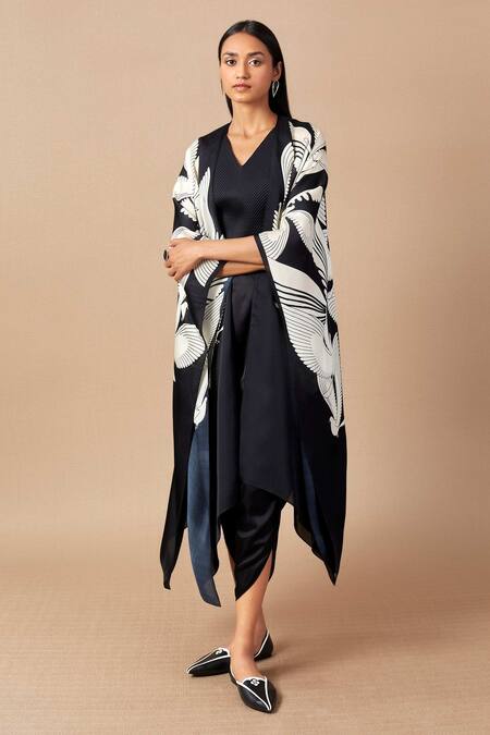 Shop_Ampm_Black Viscose, Cape Silk Organza Bird Print Cape Open, Maynah Dhoti Pant Set_Online_at_Aza_Fashions