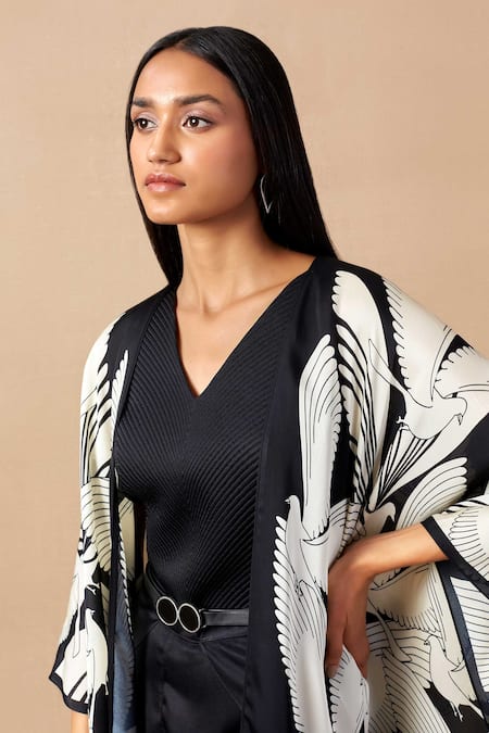 Ampm_Black Viscose, Cape Silk Organza Bird Print Cape Open, Maynah Dhoti Pant Set_at_Aza_Fashions