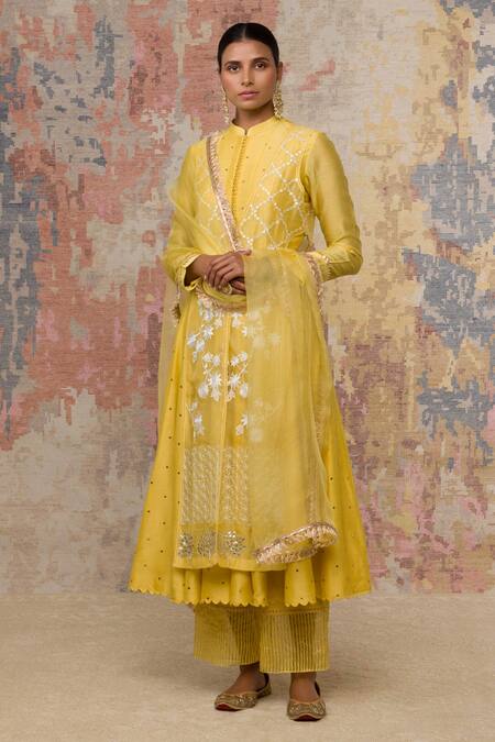 Devnaagri_Yellow Organza, , Shantoon, Embroidered Jacket And Anarkali Set _Online_at_Aza_Fashions