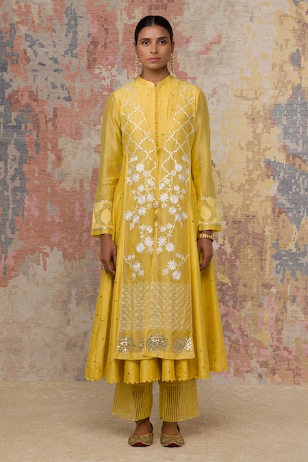 Buy_Devnaagri_Yellow Organza, , Shantoon, Embroidered Jacket And Anarkali Set _Online_at_Aza_Fashions
