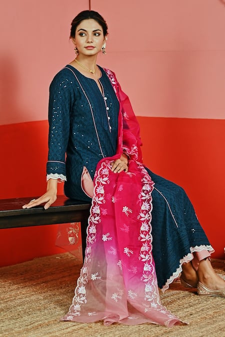 Shop Myaara Blue Cotton, Organza Embroidery, Sequins Split V-neck Floral Kurta Set Online at Aza Fashions Shop_Myaara_Blue Cotton, Organza Embroidery, Sequins Split V-neck Floral Kurta Set _Online_at_Aza_Fashions