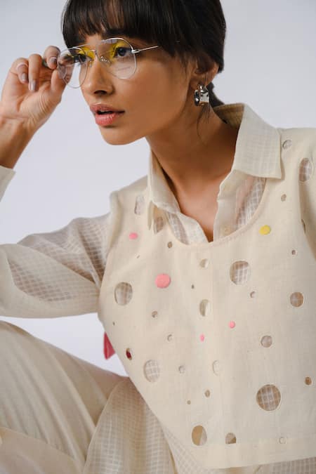 Buy_Tussah By Siddhi Shah_Off White Handloom Cotton Cut Work, Bows Collared Shirt With Overlay _Online_at_Aza_Fashions