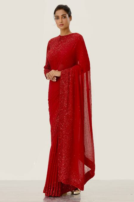 Nakul Sen Red Chiffon Sequin Embellished Saree With Blouse