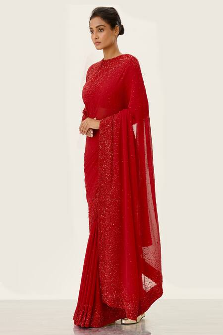 Nakul Sen_Red Chiffon Sequin Embellished Saree With Blouse_Online_at_Aza_Fashions