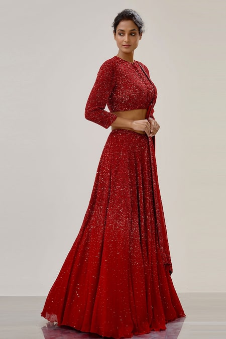 Red sequin work Lehenga with fur dupatta – Ricco India