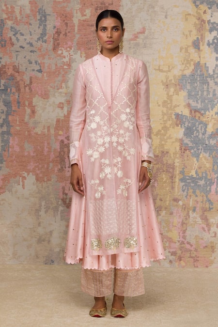 Devnaagri_Pink Organza, , Shantoon, Embroidered Jacket And Anarkali Set _Online_at_Aza_Fashions