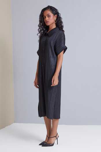 Scarlet Sage_Black 100% Polyester Spread Collar Maria Pleated Shift Dress_Online_at_Aza_Fashions