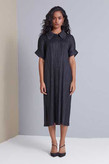 Buy_Scarlet Sage_Black 100% Polyester Spread Collar Maria Pleated Shift Dress_Online_at_Aza_Fashions
