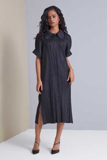 Shop_Scarlet Sage_Black 100% Polyester Spread Collar Maria Pleated Shift Dress_Online_at_Aza_Fashions