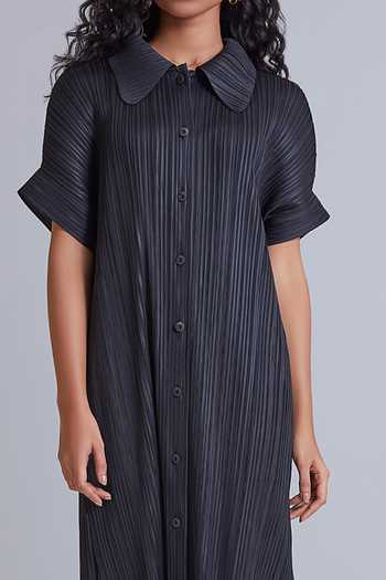 Scarlet Sage_Black 100% Polyester Spread Collar Maria Pleated Shift Dress_at_Aza_Fashions