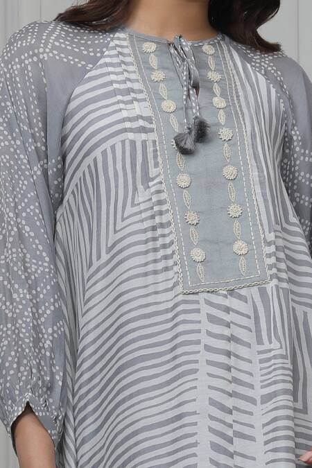 Myoho Grey Cotton, Silk Embroidery Round Neck Striped Pattern Dress Online at Aza Fashions Myoho_Grey Cotton, Silk Embroidery Round Neck Striped Pattern Dress _Online_at_Aza_Fashions