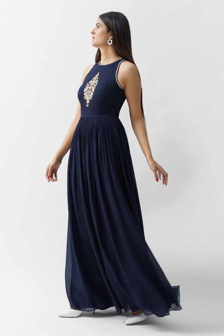 Suruchi Parakh Blue Georgette Crepe Lining Shantoon Cutdana And Beads Round Gown Online at Aza Fashions Suruchi Parakh_Blue Georgette Crepe Lining Shantoon Cutdana And Beads Round Gown _Online_at_Aza_Fashions