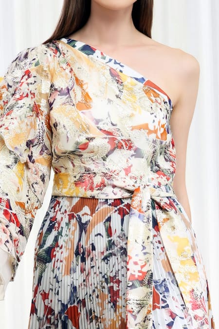Mandira Wirk_Multi Color Polyester, Organza, Brocade One Autumn Leaves Print Pleated Dress _Online_at_Aza_Fashions