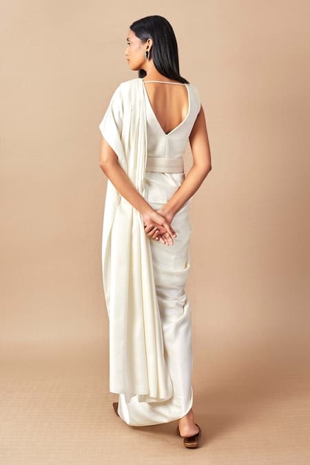 Shop Ampm Ivory Cupro Viscose V Neck Corded Saree Gown With Belt at Aza Fashions Shop_Ampm_Ivory Cupro Viscose V Neck Corded Saree Gown With Belt _at_Aza_Fashions