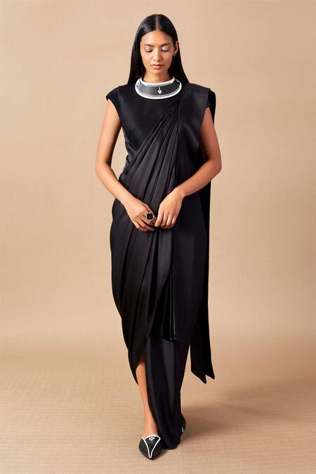 Buy_Ampm_Black Cupro Viscose Cord Round Ila Saree Gown_Online_at_Aza_Fashions