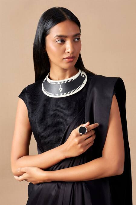 Shop_Ampm_Black Cupro Viscose Cord Round Ila Saree Gown_Online_at_Aza_Fashions