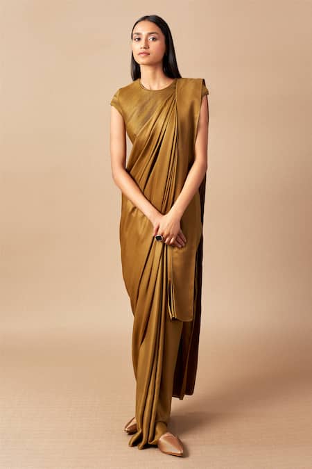 Ampm_Brown Cupro Viscose Cord Work Round Neck Ila Saree Gown _Online_at_Aza_Fashions