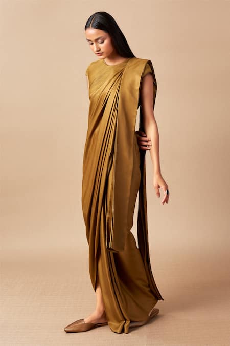 Buy_Ampm_Brown Cupro Viscose Cord Work Round Neck Ila Saree Gown _Online_at_Aza_Fashions