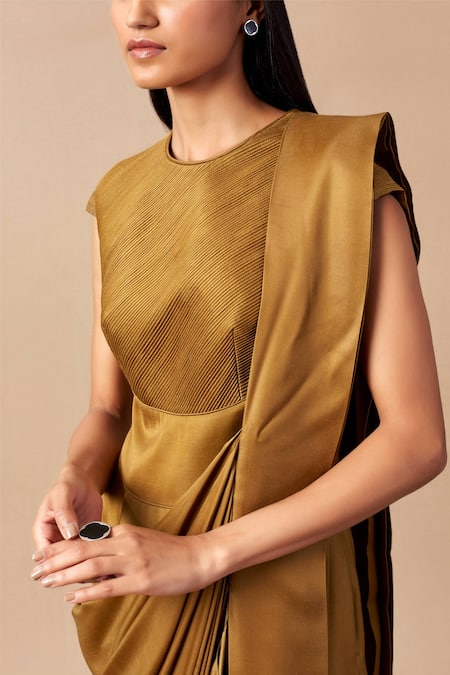 Shop_Ampm_Brown Cupro Viscose Cord Work Round Neck Ila Saree Gown _Online_at_Aza_Fashions