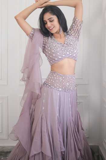 PIRI INDIA_Purple Tulle, Organza, Georgette Embroidery, Hand Blouse Godet Lehenga Set _Online_at_Aza_Fashions