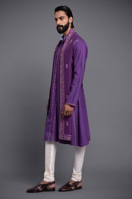 Buy_Raghavendra Rathore Jodhpur_Purple Silk Thread Embroidered Kurta_Online_at_Aza_Fashions