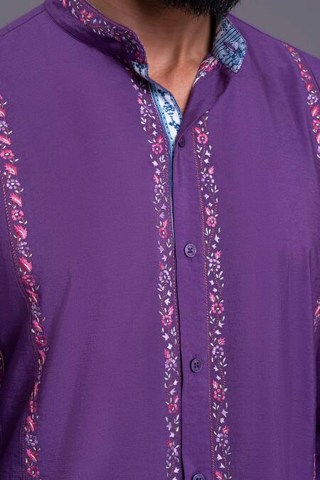 Raghavendra Rathore Jodhpur_Purple Silk Thread Embroidered Kurta_at_Aza_Fashions