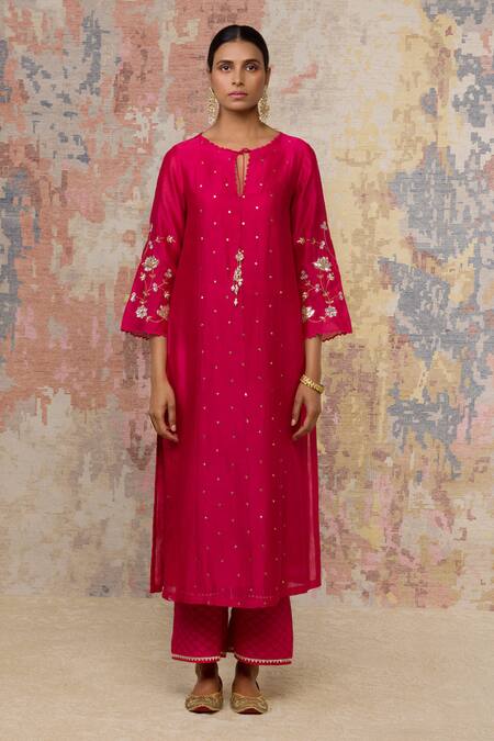 Buy_Devnaagri_Pink Organza, Chanderi, Shantoon, Zari Round Kurta Set _Online_at_Aza_Fashions
