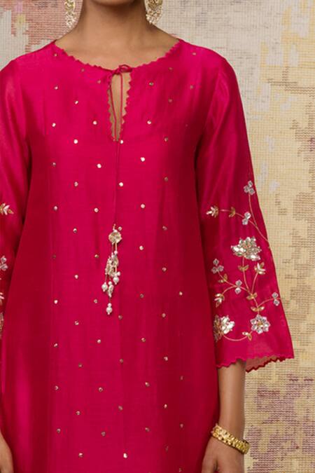 Buy_Devnaagri_Pink Organza, Chanderi, Shantoon, Zari Round Kurta Set 