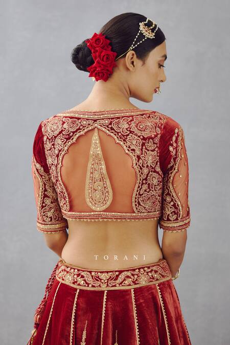 Shop Torani Red Dupatta Organza, Lehenga And Blouse Sindoori Dhwani Bridal Set Online at Aza Fashions Shop_Torani_Red Dupatta Organza, Lehenga And Blouse Sindoori Dhwani Bridal Set _Online_at_Aza_Fashions