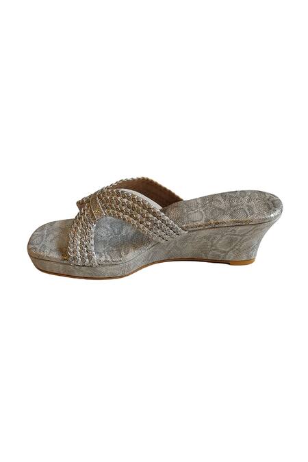 Cinderella By Heena Yusuf_Silver Snake Textured Pattern Curved Braided Strap Wedges _Online_at_Aza_Fashions