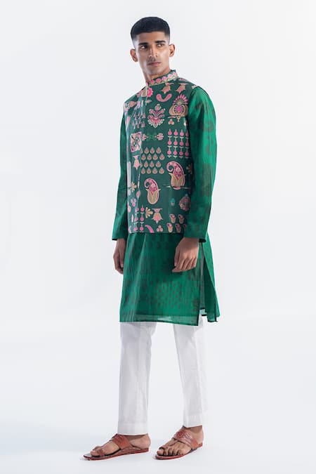 Buy_Siddhartha Bansal_Green Chanderi Printed Floral Paisley And Kurta Set  _Online_at_Aza_Fashions
