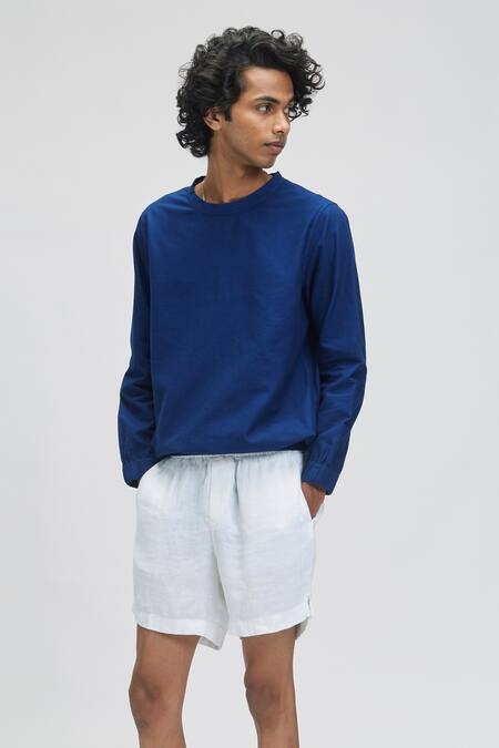 Terra Luna_Blue Organic Handloom Oxford Cotton Plain Bestla Round Neck Sweatshirt_Online_at_Aza_Fashions