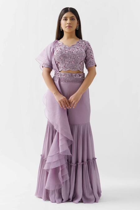 Buy Suruchi Parakh Purple Georgette Crepe And Soft Organza Lining Shantoon Crop Top & Sharara Set Online at Aza Fashions Buy_Suruchi Parakh_Purple Georgette Crepe And Soft Organza Lining Shantoon Crop Top & Sharara Set_Online_at_Aza_Fashions