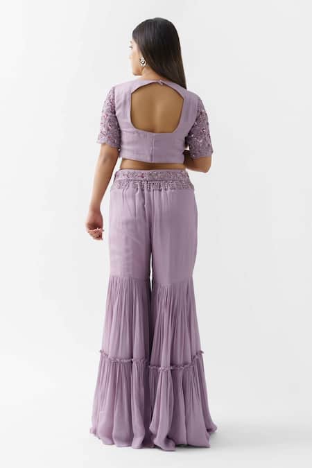 Shop Suruchi Parakh Purple Georgette Crepe And Soft Organza Lining Shantoon Crop Top & Sharara Set at Aza Fashions Shop_Suruchi Parakh_Purple Georgette Crepe And Soft Organza Lining Shantoon Crop Top & Sharara Set_at_Aza_Fashions