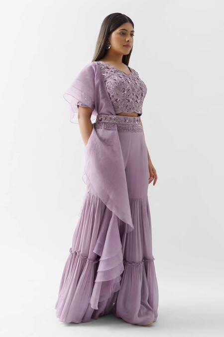 Suruchi Parakh Purple Georgette Crepe And Soft Organza Lining Shantoon Crop Top & Sharara Set Online at Aza Fashions Suruchi Parakh_Purple Georgette Crepe And Soft Organza Lining Shantoon Crop Top & Sharara Set_Online_at_Aza_Fashions